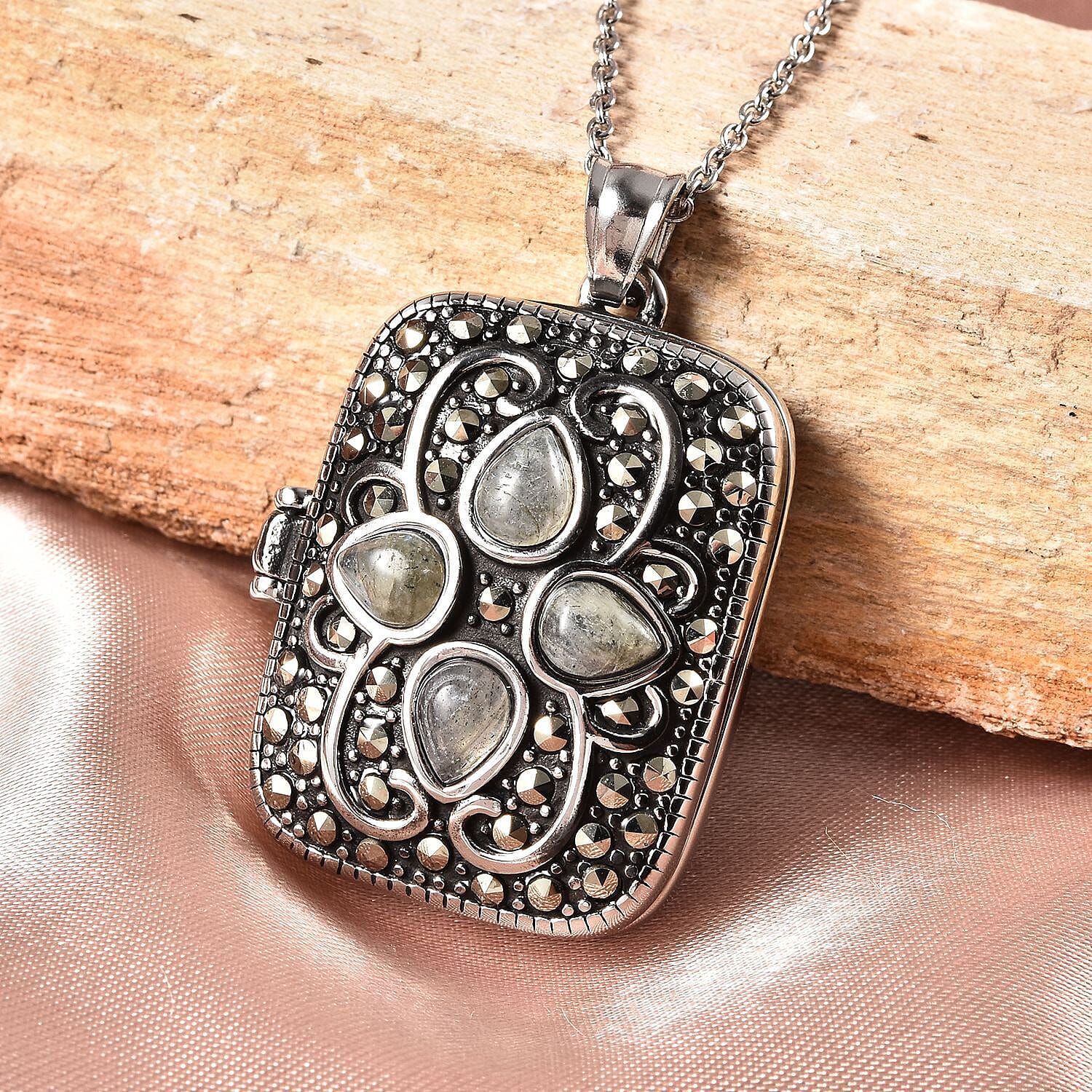 Malagasy Labradorite and Swiss Marcasite 45.00 ctw Locket Pendant Necklace 20 Inches in Black Oxidized Stainless Steel