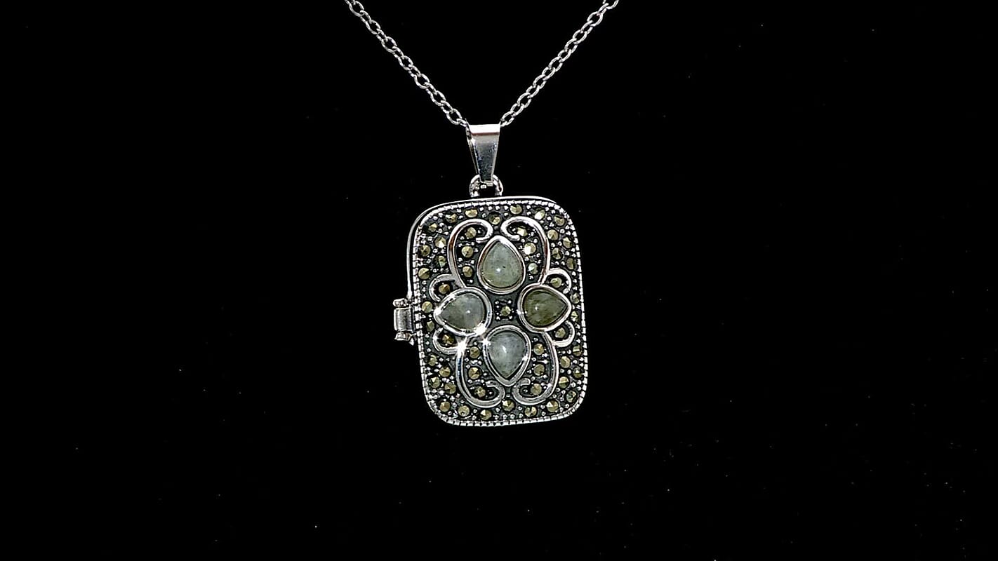 Malagasy Labradorite and Swiss Marcasite 45.00 ctw Locket Pendant Necklace 20 Inches in Black Oxidized Stainless Steel