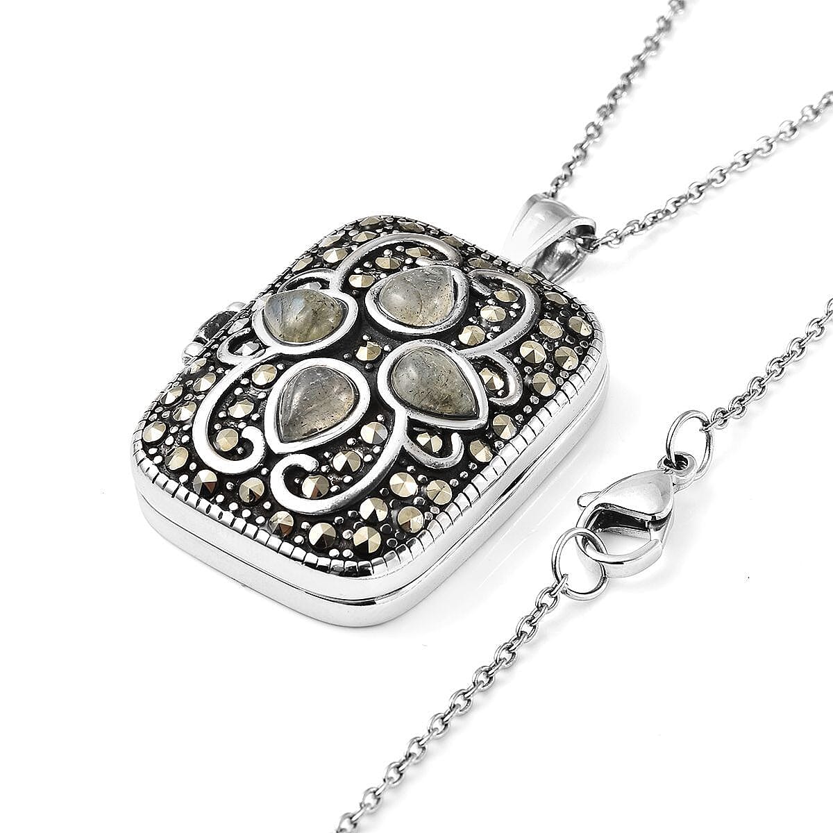 Malagasy Labradorite and Swiss Marcasite 45.00 ctw Locket Pendant Necklace 20 Inches in Black Oxidized Stainless Steel
