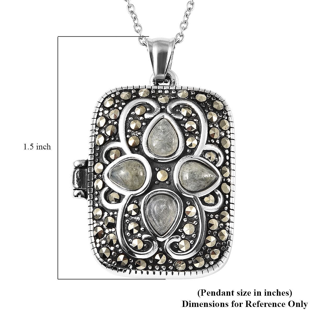 Malagasy Labradorite and Swiss Marcasite 45.00 ctw Locket Pendant Necklace 20 Inches in Black Oxidized Stainless Steel