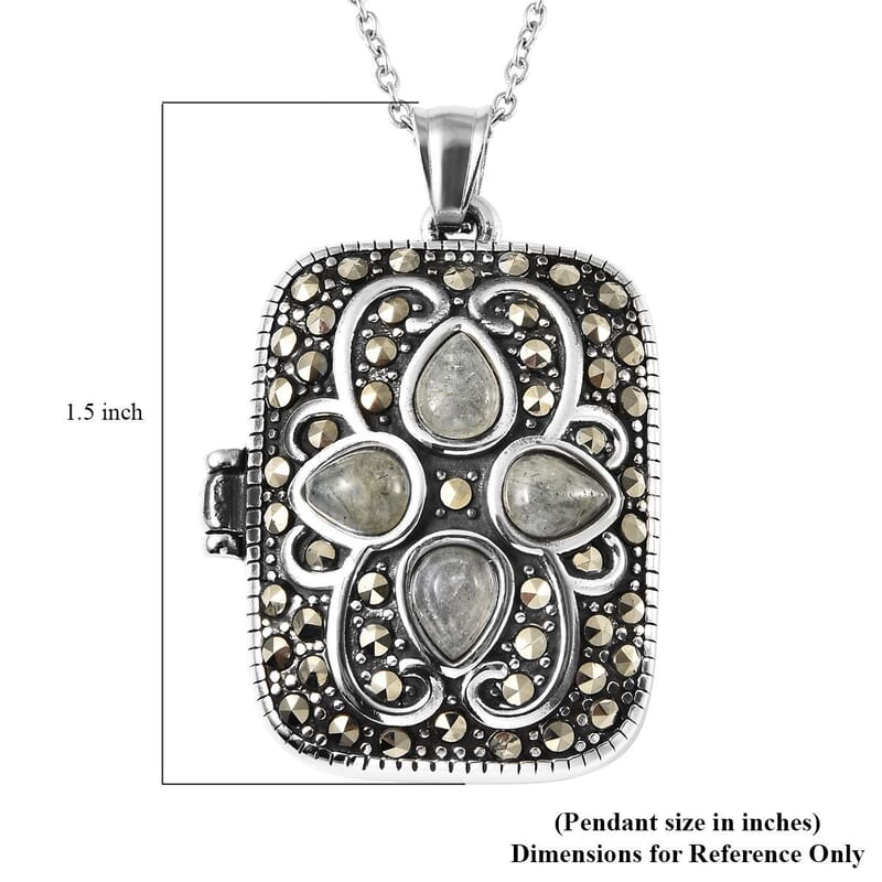 Malagasy Labradorite and Swiss Marcasite 45.00 ctw Locket Pendant Necklace 20 Inches in Black Oxidized Stainless Steel