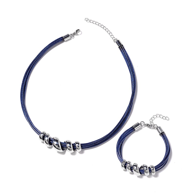 Blue Faux Leather Cord Twist Bracelet (7-8.50In) and Necklace 16-18In in Stainless Steel