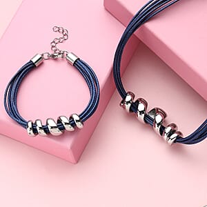 Blue Faux Leather Cord Twist Bracelet (7-8.50In) and Necklace 16-18In in Stainless Steel