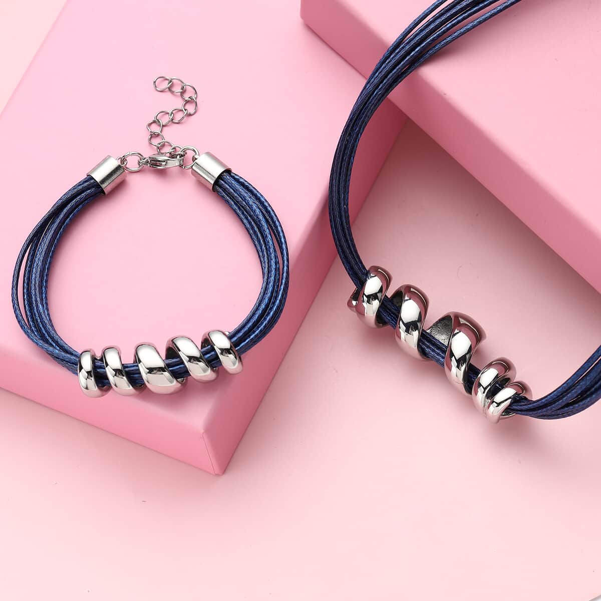 Blue Faux Leather Cord Twist Bracelet (7 in) and Necklace 16.00 Inches in Stainless Steel image number 1