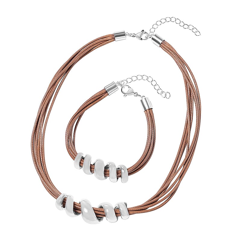 Brown Faux Leather Cord Twist Bracelet (7-8.50In) and Necklace 16-18In in Stainless Steel
