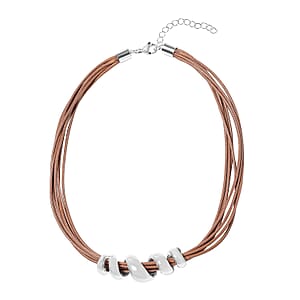 Brown Faux Leather Cord Twist Bracelet (7-8.50In) and Necklace 16-18In in Stainless Steel