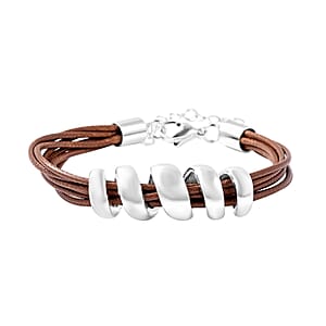 Brown Faux Leather Cord Twist Bracelet (7-8.50In) and Necklace 16-18In in Stainless Steel