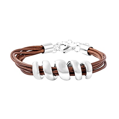Brown Faux Leather Cord Twist Bracelet (7-8.50In) and Necklace 16-18In in Stainless Steel