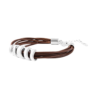 Brown Faux Leather Cord Twist Bracelet (7-8.50In) and Necklace 16-18In in Stainless Steel
