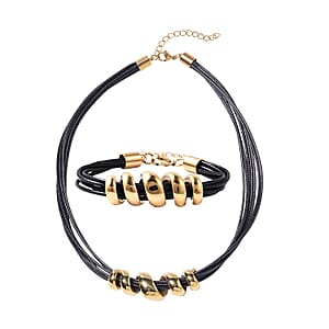 Black Faux Leather Cord Twist Bracelet (7-8.50In) and Necklace (16-18In) in ION Plated YG Stainless Steel