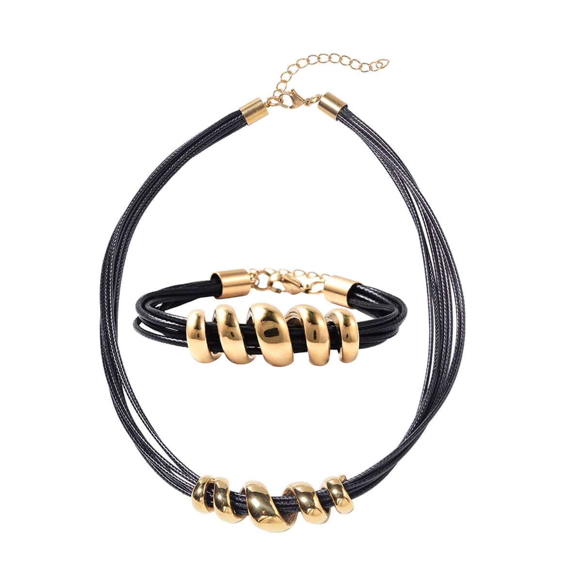 Black Faux Leather Cord Twist Bracelet (7-8.50In) and Necklace (16-18In) in ION Plated YG Stainless Steel image number 0