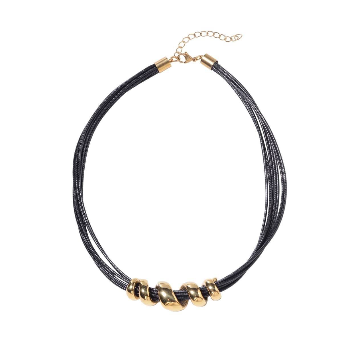 Black Faux Leather Cord Twist Bracelet (7-8.50In) and Necklace (16-18In) in ION Plated YG Stainless Steel image number 2