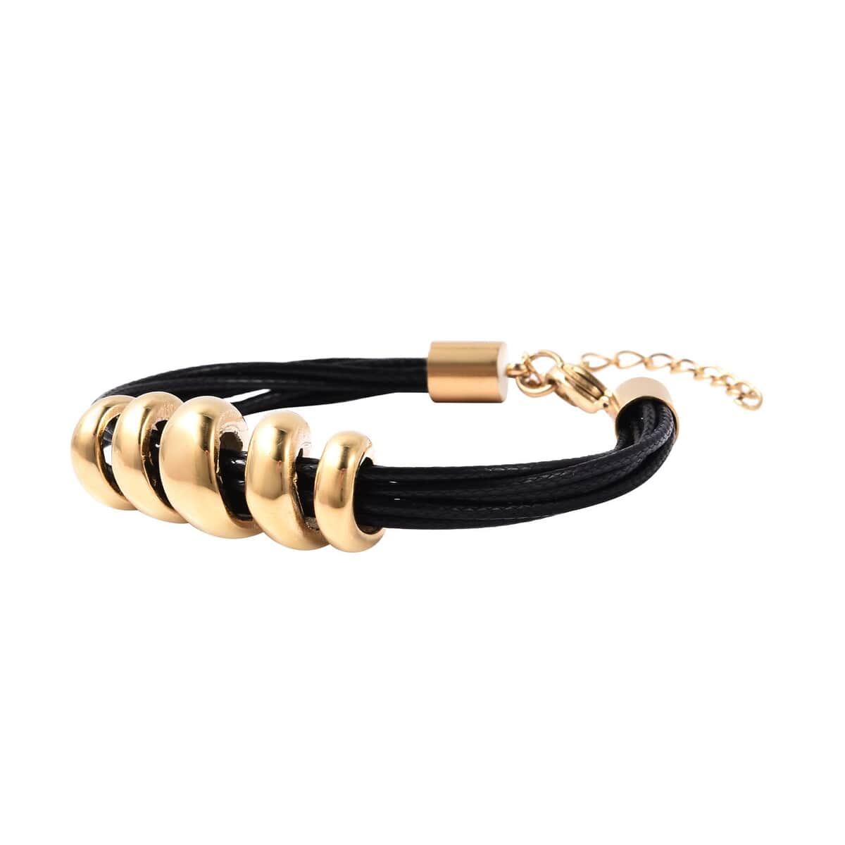 Black Faux Leather Cord Twist Bracelet (7-8.50In) and Necklace (16-18In) in ION Plated YG Stainless Steel image number 4