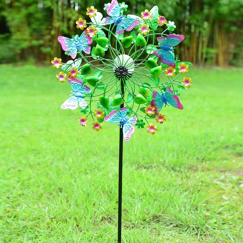 Hand Painted Multi Color Floral Butterfly Solar LED Wind Spinner -Adjustable Height up to 70 Inches