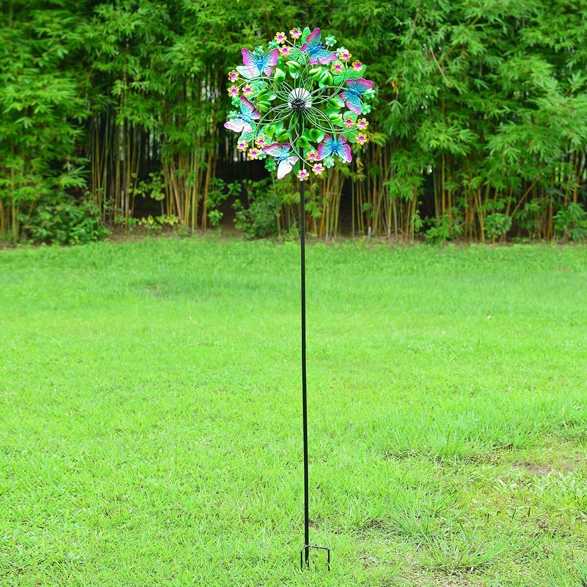 Hand Painted Multi Color Floral Butterfly Solar LED Wind Spinner -Adjustable Height up to 70 Inches image number 0