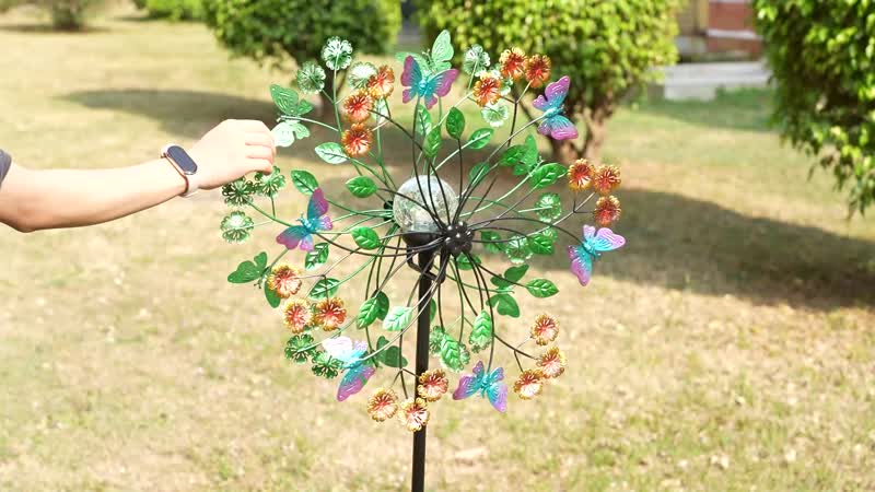 Hand Painted Multi Color Floral Butterfly Solar LED Wind Spinner -Adjustable Height up to 70 Inches