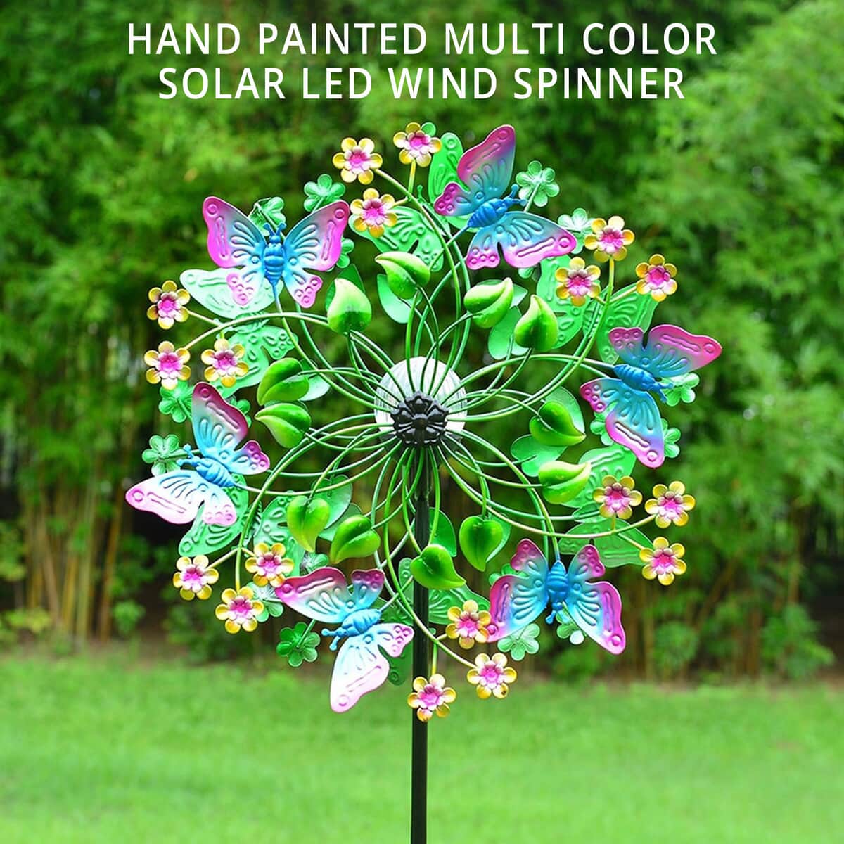 Hand Painted Multi Color Floral Butterfly Solar LED Wind Spinner -Adjustable Height up to 70 Inches image number 1