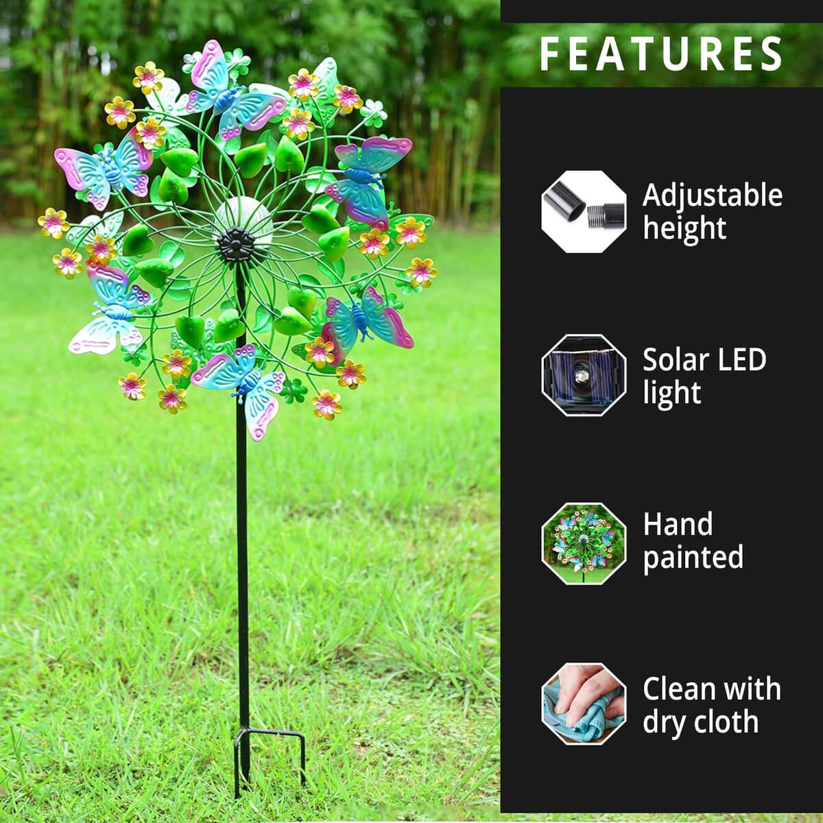 Hand Painted Multi Color Floral Butterfly Solar LED Wind Spinner -Adjustable Height up to 70 Inches image number 2