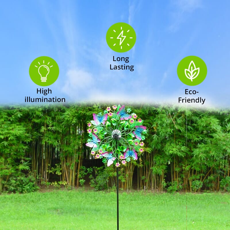 Hand Painted Multi Color Floral Butterfly Solar LED Wind Spinner -Adjustable Height up to 70 Inches