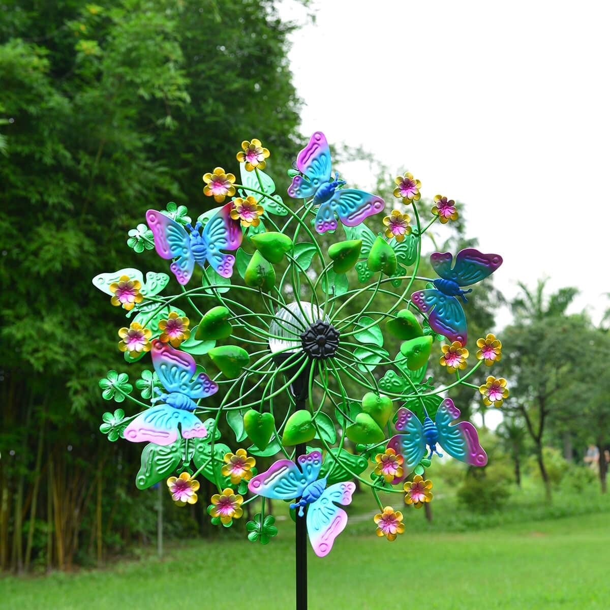 Hand Painted Multi Color Floral Butterfly Solar LED Wind Spinner -Adjustable Height up to 70 Inches image number 4