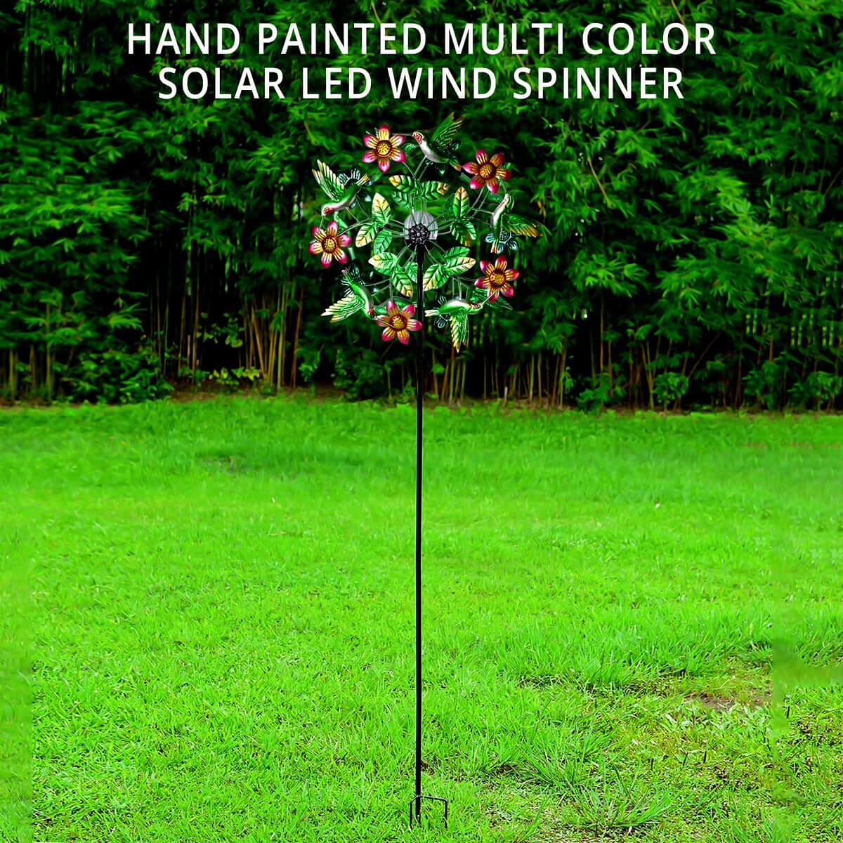 Hand Painted Floral Hummingbird Solar LED Wind Spinner image number 1