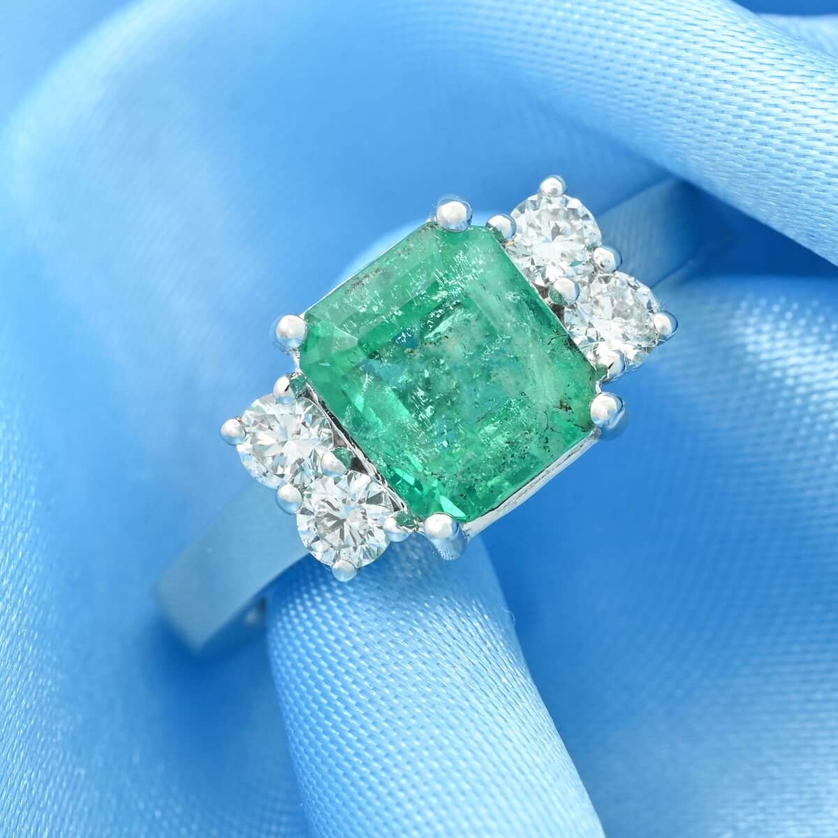One Of A Kind Certified & Appraised Rhapsody 950 Platinum AAAA Boyaca Colombian Emerald and Diamond Ring (Size 7.0) 6.54 Grams 2.30 ctw image number 1