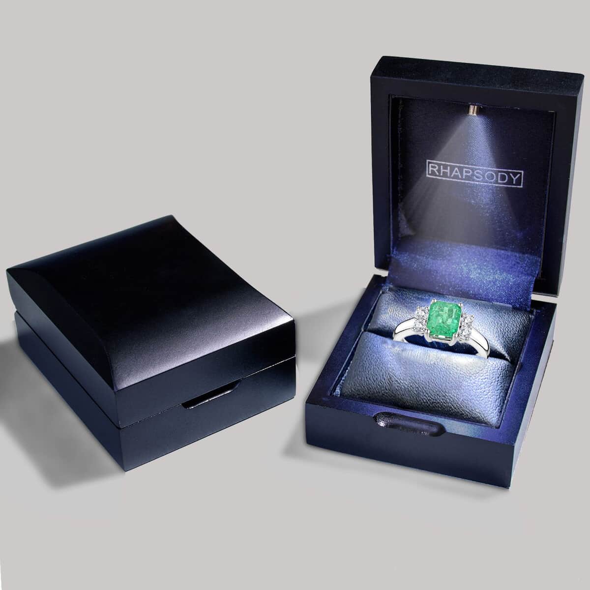 One Of A Kind Certified & Appraised Rhapsody 950 Platinum AAAA Boyaca Colombian Emerald and Diamond Ring (Size 7.0) 6.54 Grams 2.30 ctw image number 6