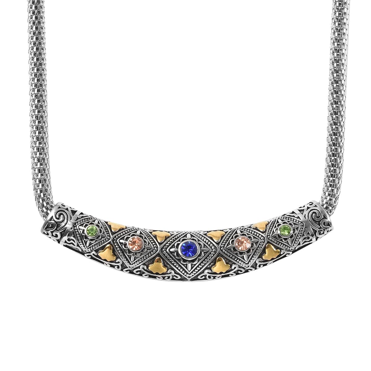 Multi Color Austrian Crystal Tribal Style Mesh Chain Necklace 20 Inches in Stainless Steel image number 0