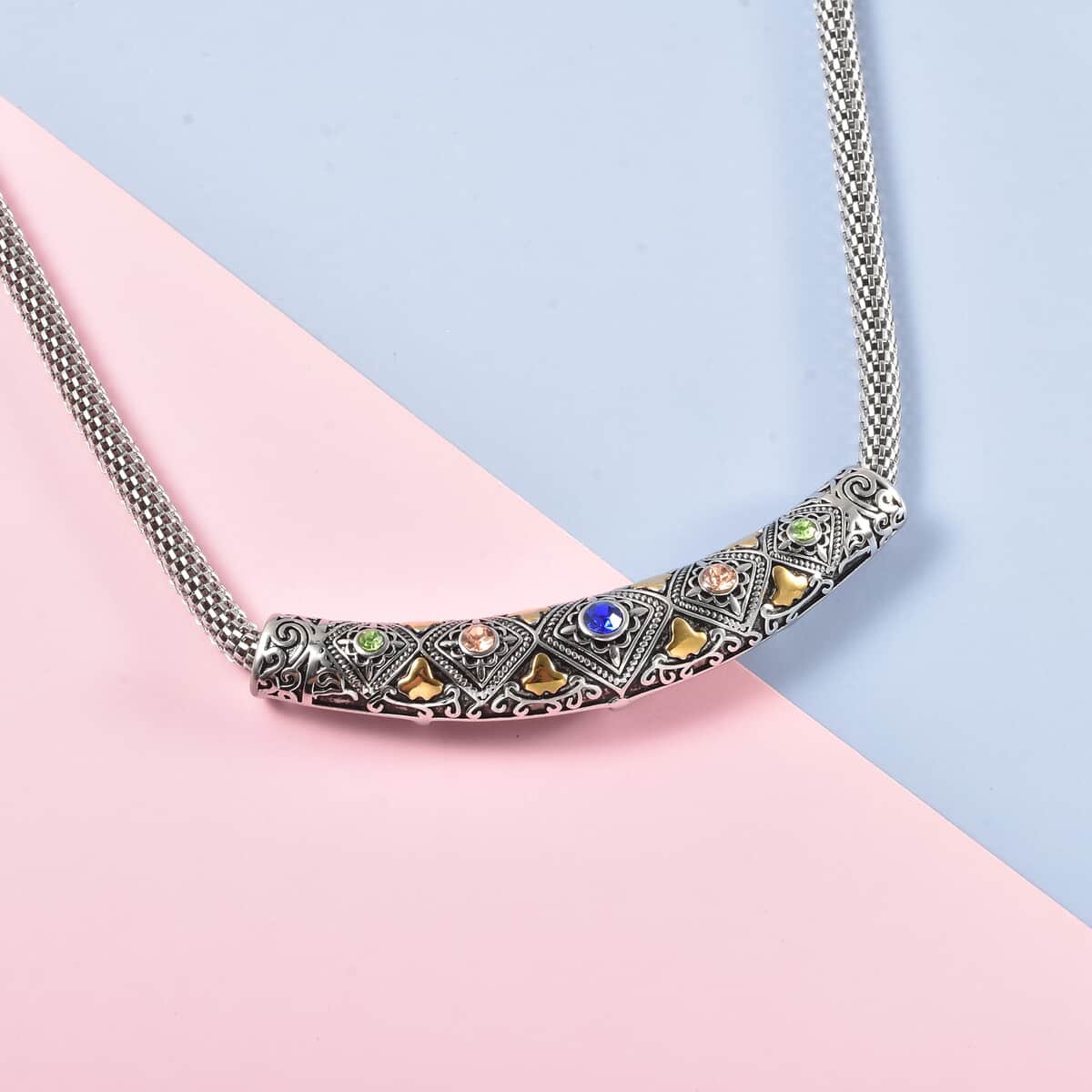 Multi Color Austrian Crystal Tribal Style Mesh Chain Necklace 20 Inches in Stainless Steel image number 1