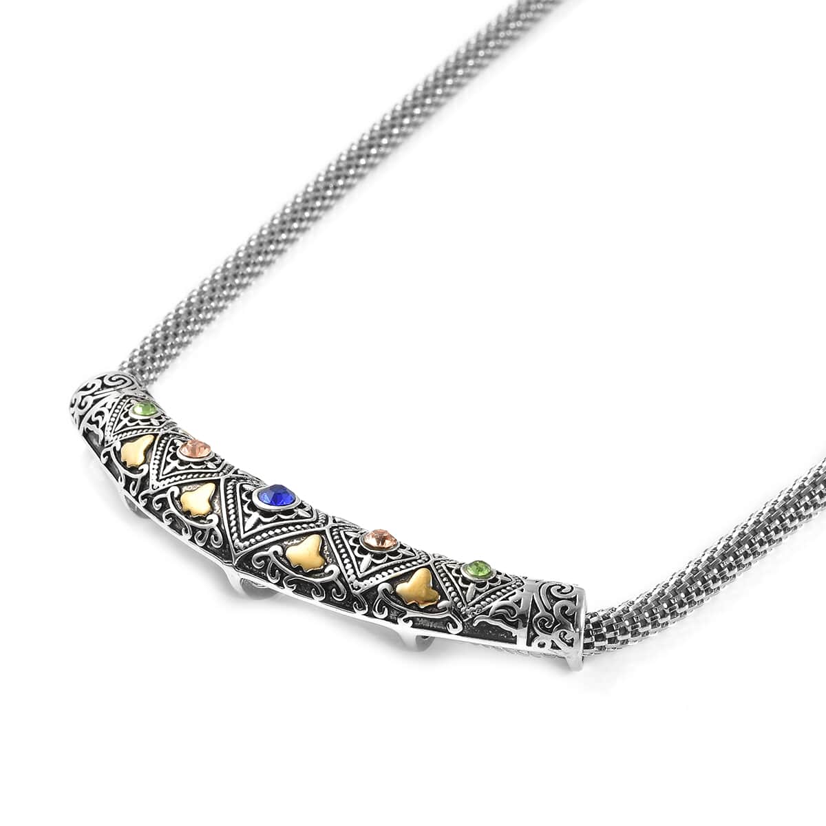 Multi Color Austrian Crystal Tribal Style Mesh Chain Necklace 20 Inches in Stainless Steel image number 2