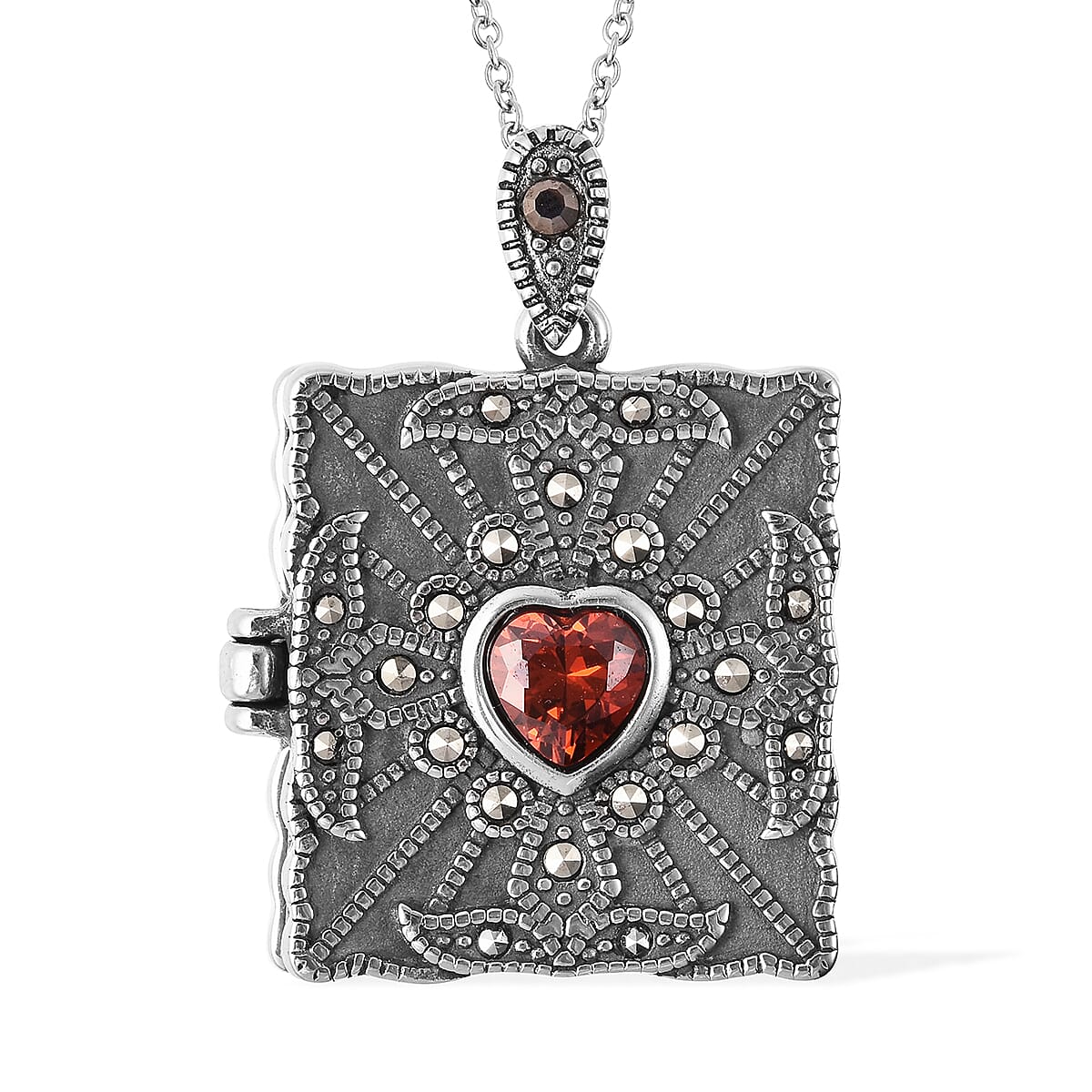 Simulated Red Diamond and Swiss Marcasite Pendant Necklace 20 Inches in Black Oxidized Stainless Steel