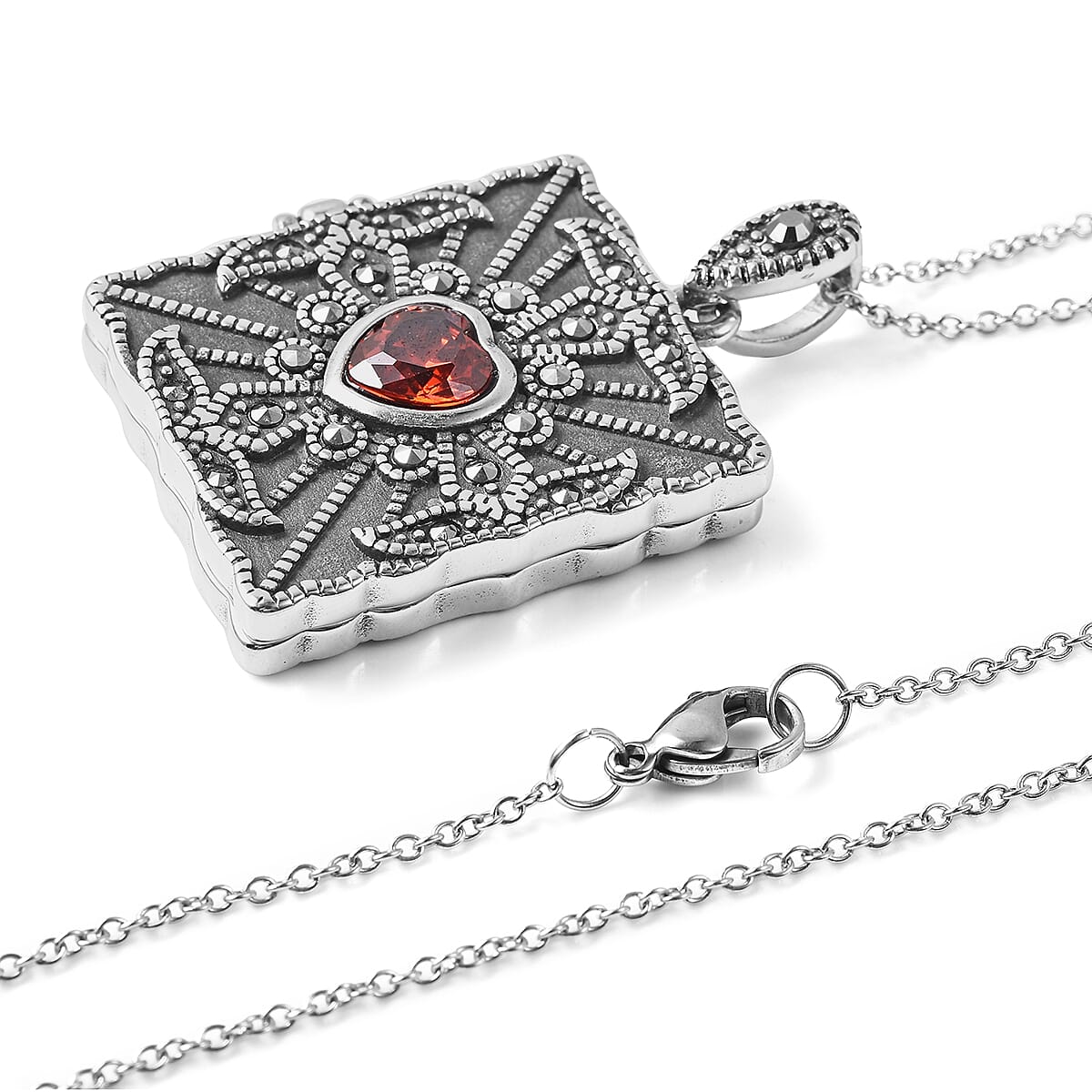 Simulated Red Diamond and Swiss Marcasite Pendant Necklace 20 Inches in Black Oxidized Stainless Steel