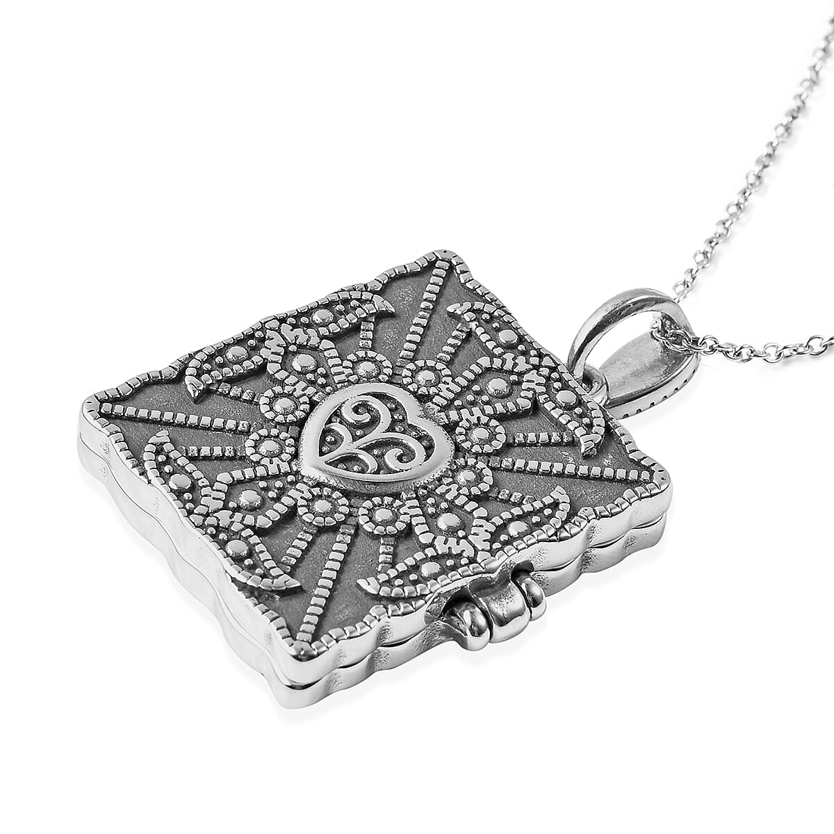 Simulated Red Diamond and Swiss Marcasite Pendant Necklace 20 Inches in Black Oxidized Stainless Steel
