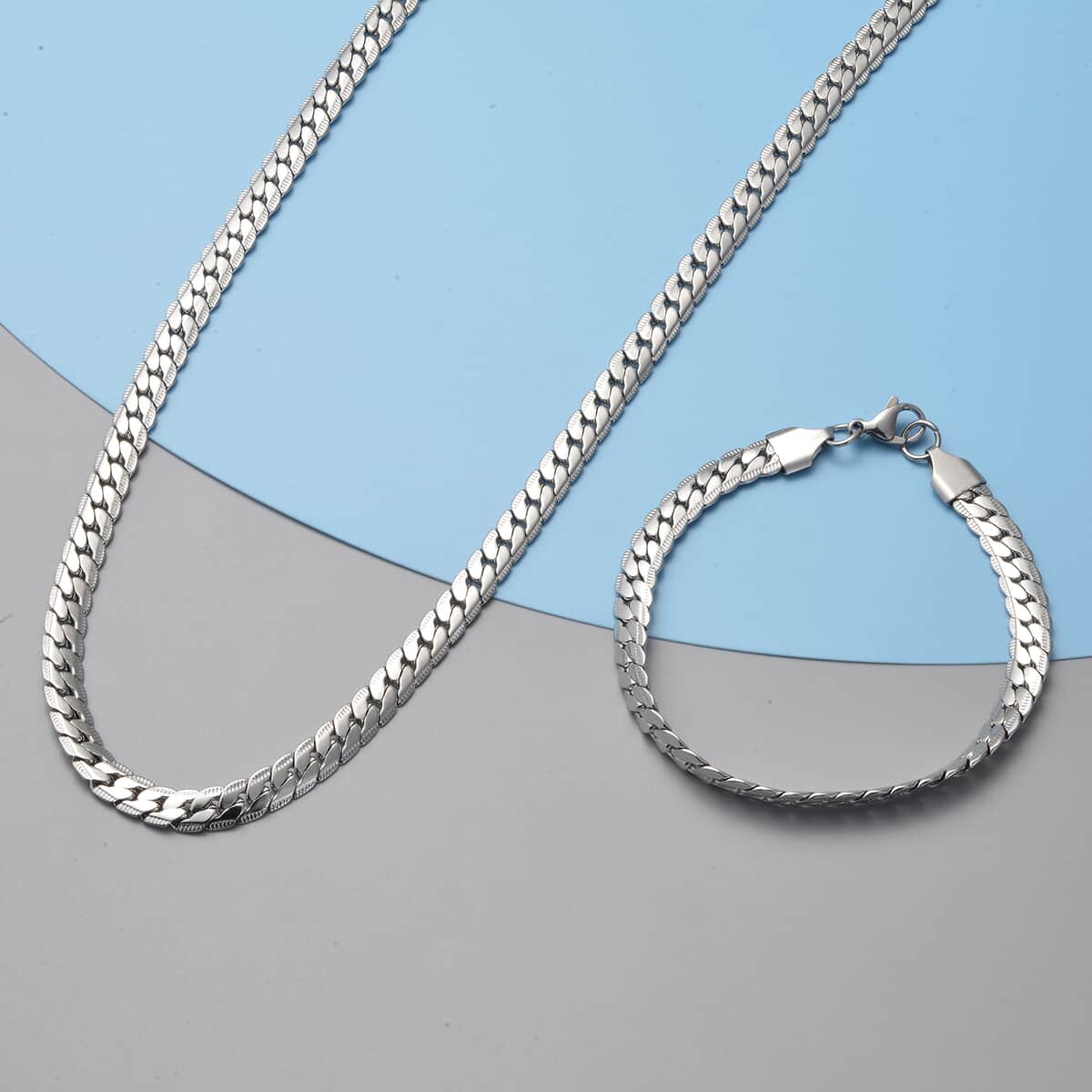 Curb Bracelet (8.50 in) and Necklace (24.00 In) in Stainless Steel image number 1