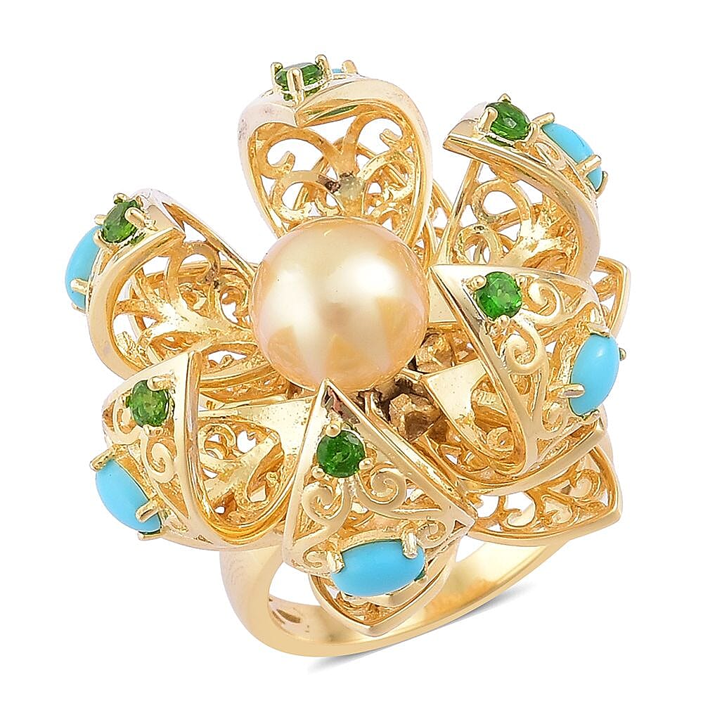 South Sea Golden Pearl (9.5-10 mm), Arizona Sleeping Beauty Turquoise, Chrome Diopside 14K YG Over Sterling Silver Ring (Size 8.0) 1.34 ctw