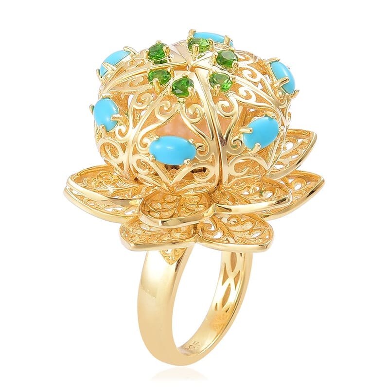 South Sea Golden Pearl (9.5-10 mm), Arizona Sleeping Beauty Turquoise, Chrome Diopside 14K YG Over Sterling Silver Ring (Size 8.0) 1.34 ctw