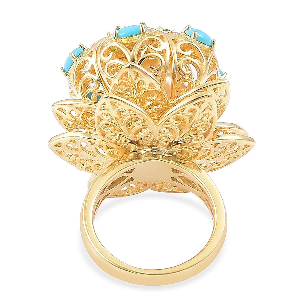 South Sea Golden Pearl (9.5-10 mm), Arizona Sleeping Beauty Turquoise, Chrome Diopside 14K YG Over Sterling Silver Ring (Size 8.0) 1.34 ctw