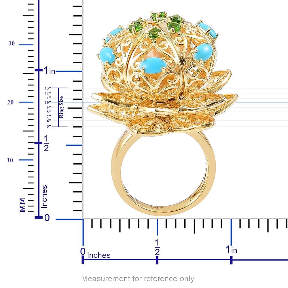 South Sea Golden Pearl (9.5-10 mm), Arizona Sleeping Beauty Turquoise, Chrome Diopside 14K YG Over Sterling Silver Ring (Size 8.0) 1.34 ctw