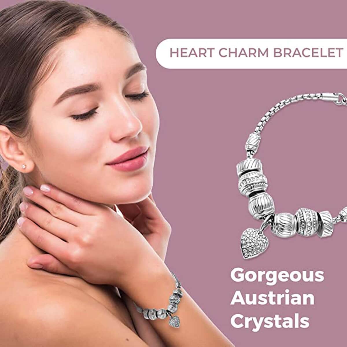 Austrian Crystal Heart Charm Bracelet in Stainless Steel, Austrian Crystal Bracelet, Crystal Sparkle Jewelry For Women 7.00-8.00 Inches image number 2