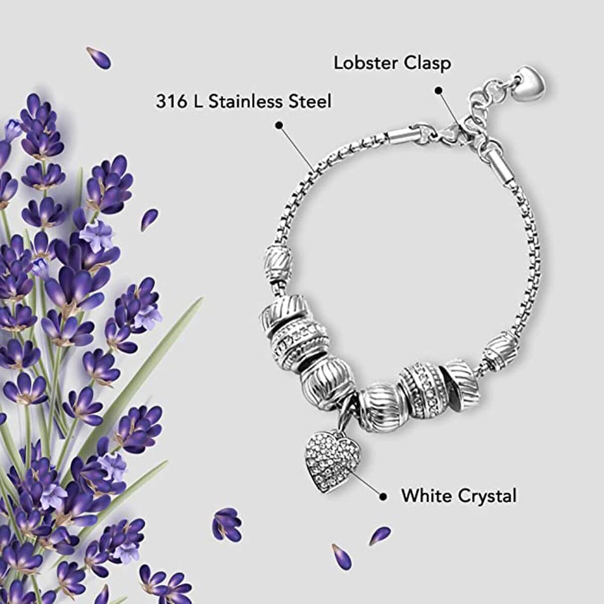Austrian Crystal Heart Charm Bracelet in Stainless Steel, Austrian Crystal Bracelet, Crystal Sparkle Jewelry For Women 7.00-8.00 Inches image number 4