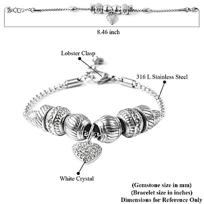 Austrian Crystal Heart Charm Bracelet in Stainless Steel, Austrian Crystal Bracelet, Crystal Sparkle Jewelry For Women 7.00-8.00 Inches