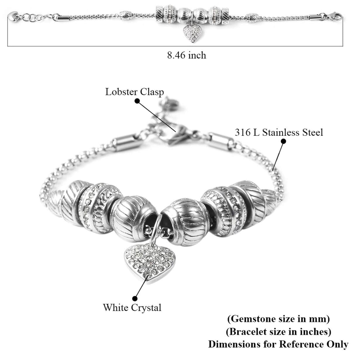 Austrian Crystal Heart Charm Bracelet in Stainless Steel (7.00-8.00Inch) image number 6