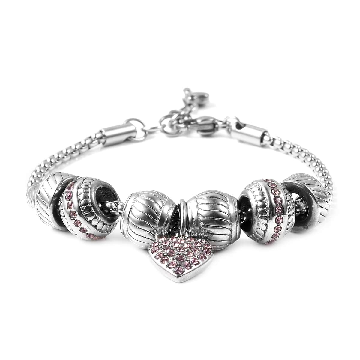 Pink Austrian Crystal Heart Charm Bracelet in Stainless Steel 7.00-8.00 Inch image number 0