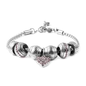 Pink Austrian Crystal Heart Charm Bracelet in Stainless Steel 7.00-8.00 Inch