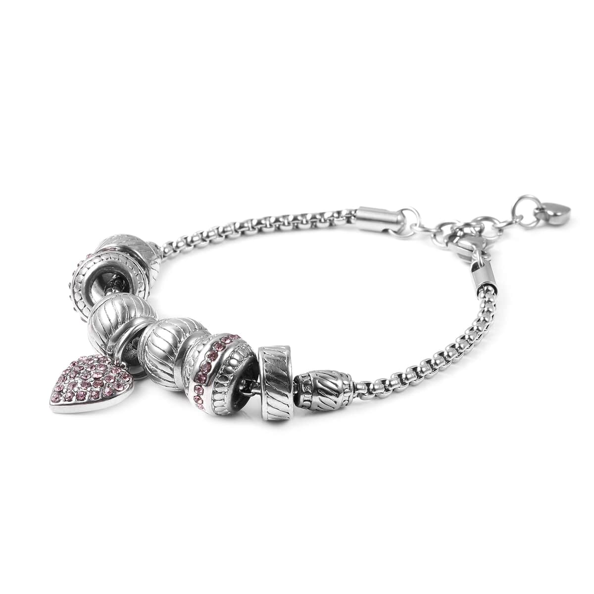 Pink Austrian Crystal Heart Charm Bracelet in Stainless Steel 7.00-8.00 Inch image number 2
