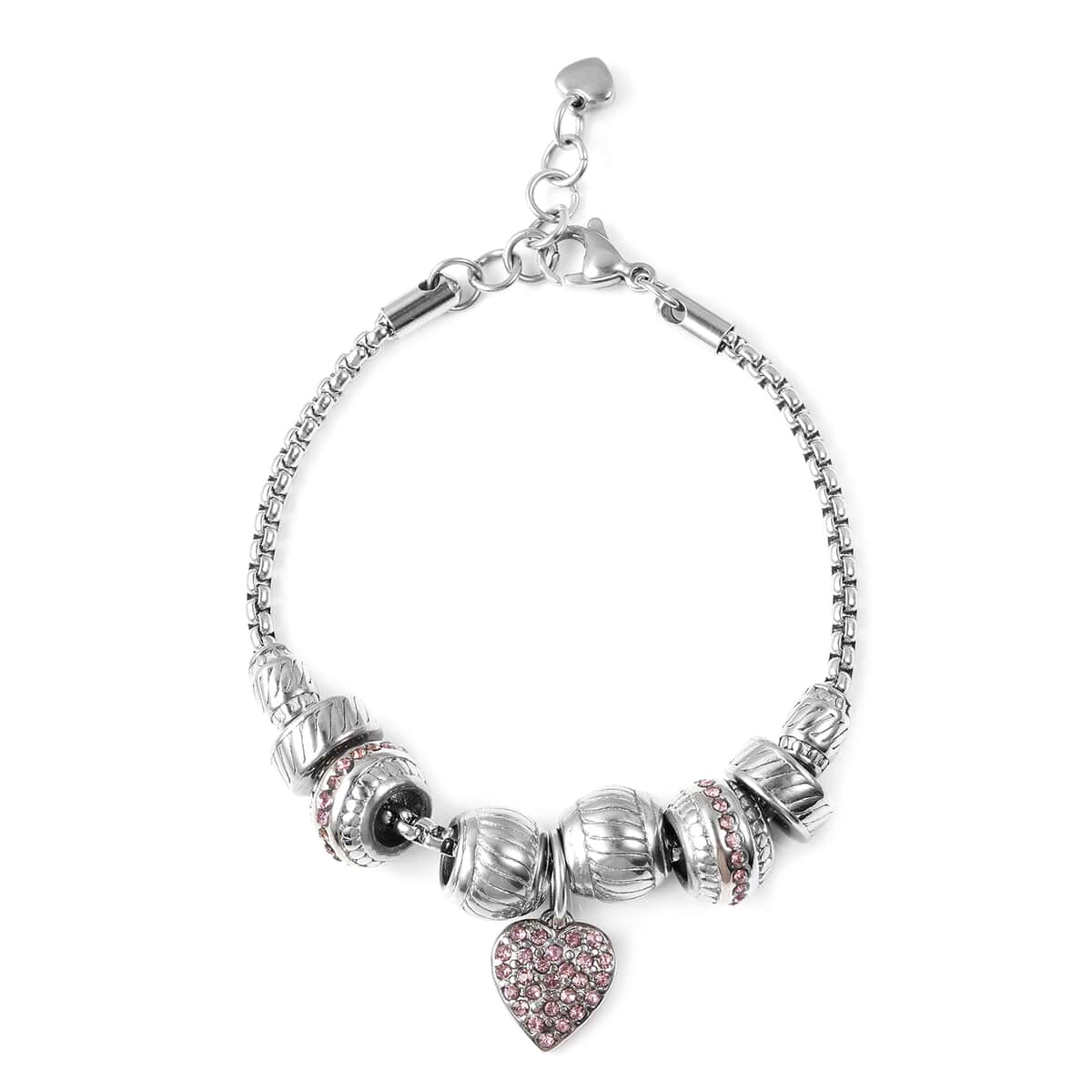 Pink Austrian Crystal Heart Charm Bracelet in Stainless Steel 7.00-8.00 Inch image number 3