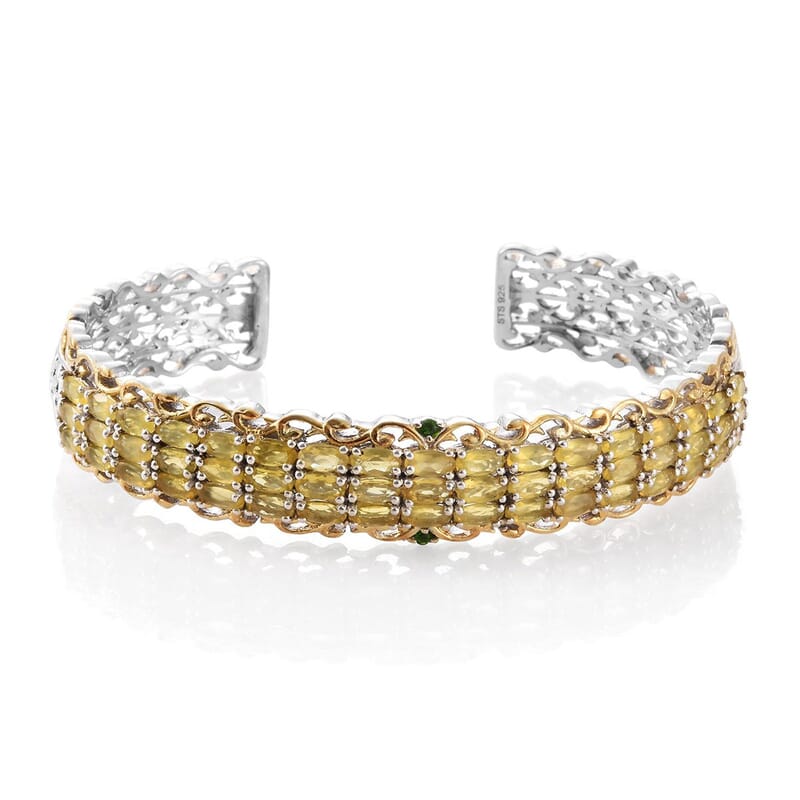 Canary Opal and Natural Chrome Diopside Cuff Bracelet in 14K YG and Platinum Over Sterling Silver (7.25 in) 23.96 Grams 3.20 ctw