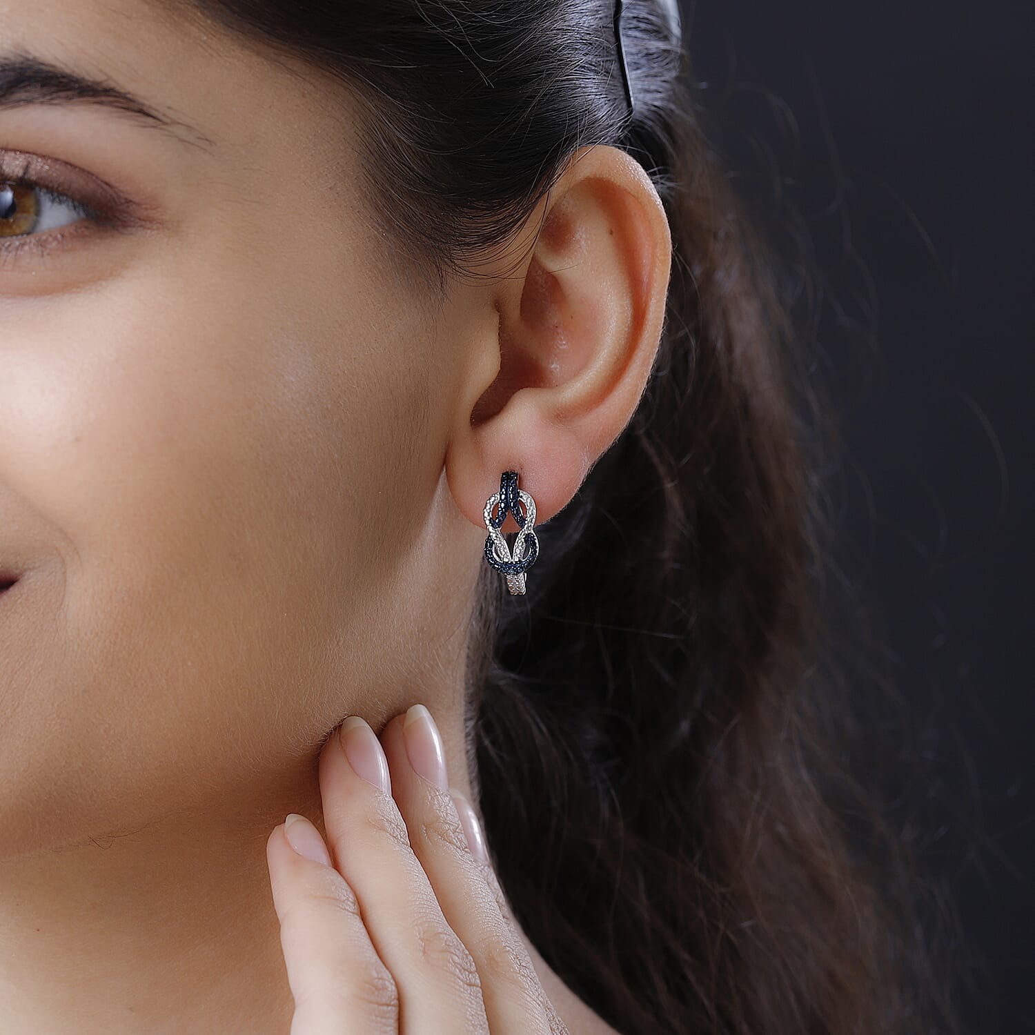 Blue Diamond Accent J-Hoop Earrings in Rhodium and Platinum Over Sterling Silver