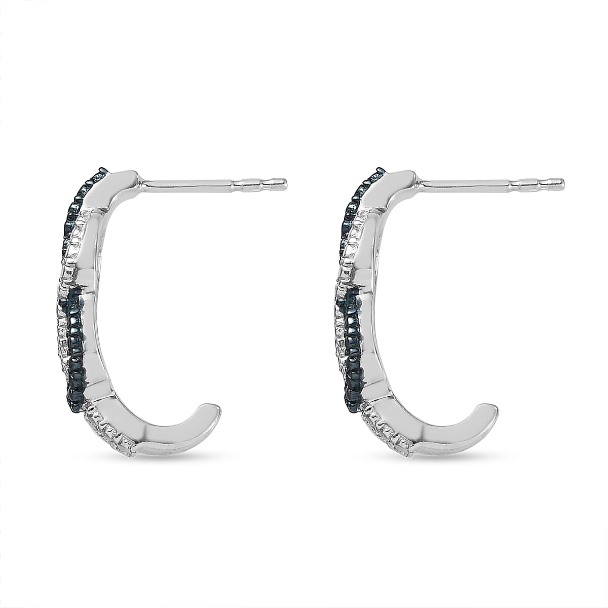 Blue Diamond Accent J-Hoop Earrings in Rhodium and Platinum Over Sterling Silver