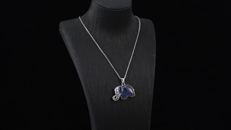 5.02 ctw Lapis Lazuli and Blue Austrian Crystal Elephant Pendant Necklace 20 inch in Stainless Steel
